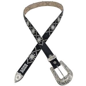 BHW LEATHER BELT Silver Starbursts Rhinestones Western Rodeo ~ 40"-44" Waist XXL